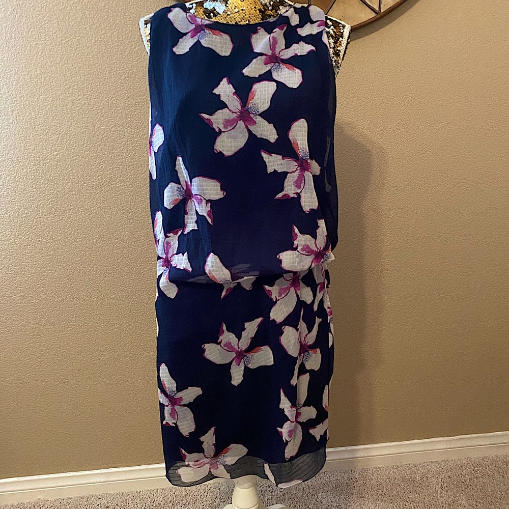 Casual dress Navy with white & purple flowers